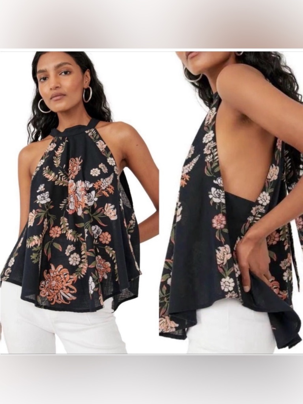 Free People Floral Halter Swing Tank Top - Black